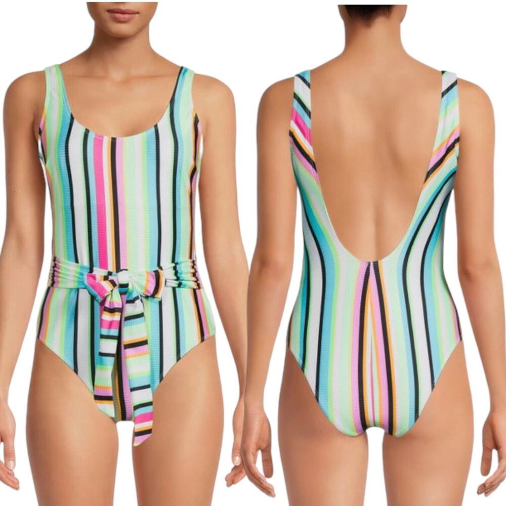 New w/Tags NO BOUNDARIES One Piece Swim Bathing Suit Rainbow One Tie Waist Large